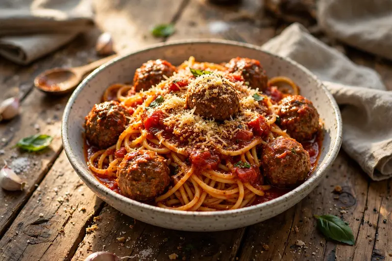 Boulettes de viande, sauce tomate et spaghetti