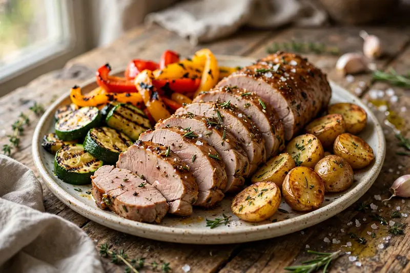 Filet de porc mariné et légumes grillés