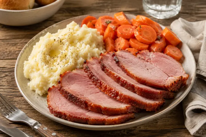 Jambon cuit, pommes de terre pilées et carottes