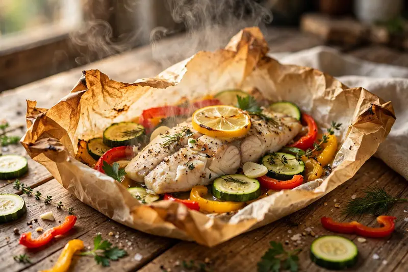 Poisson en papillote, légumes