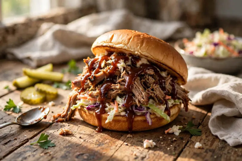 Porc effiloché sur pain, sauce BBQ