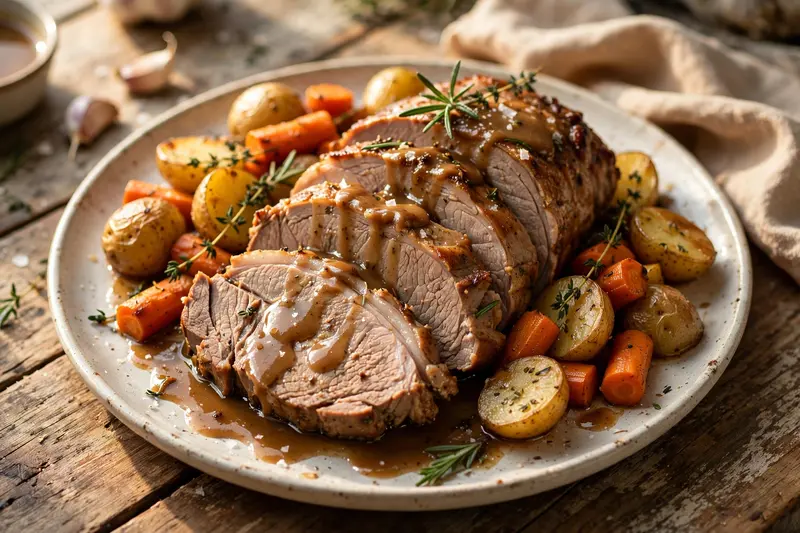 Rôti de porc à la mijoteuse, légumes racines