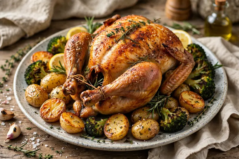 Poulet rôti, pommes de terre et brocoli