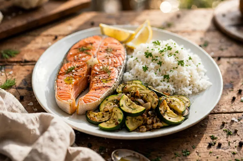 Saumon grillé, riz et légumes
